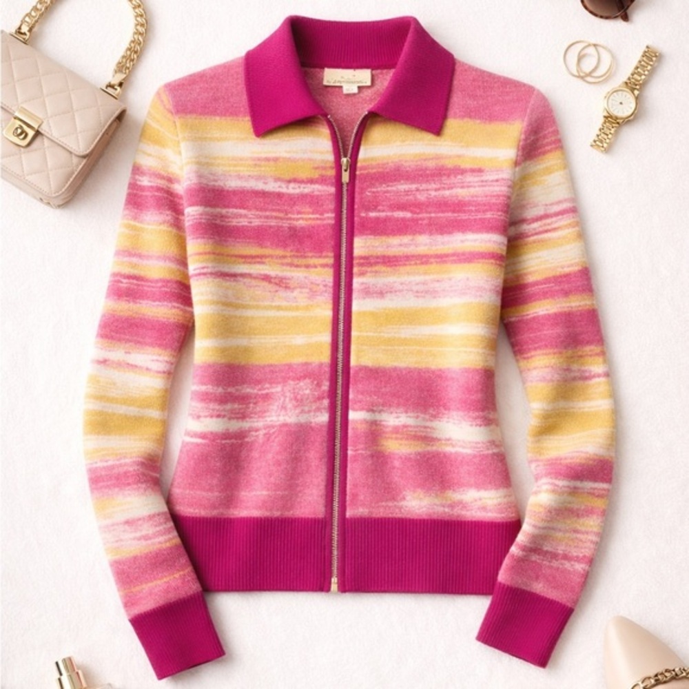 St John Santana Knit Zip Jacket Pink Yellow Stripe Wool Blend Size S dopamine